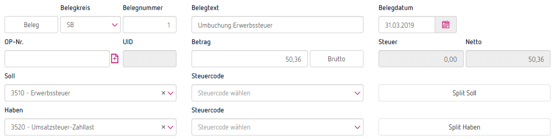 Umbuchen der Erwerbssteuer