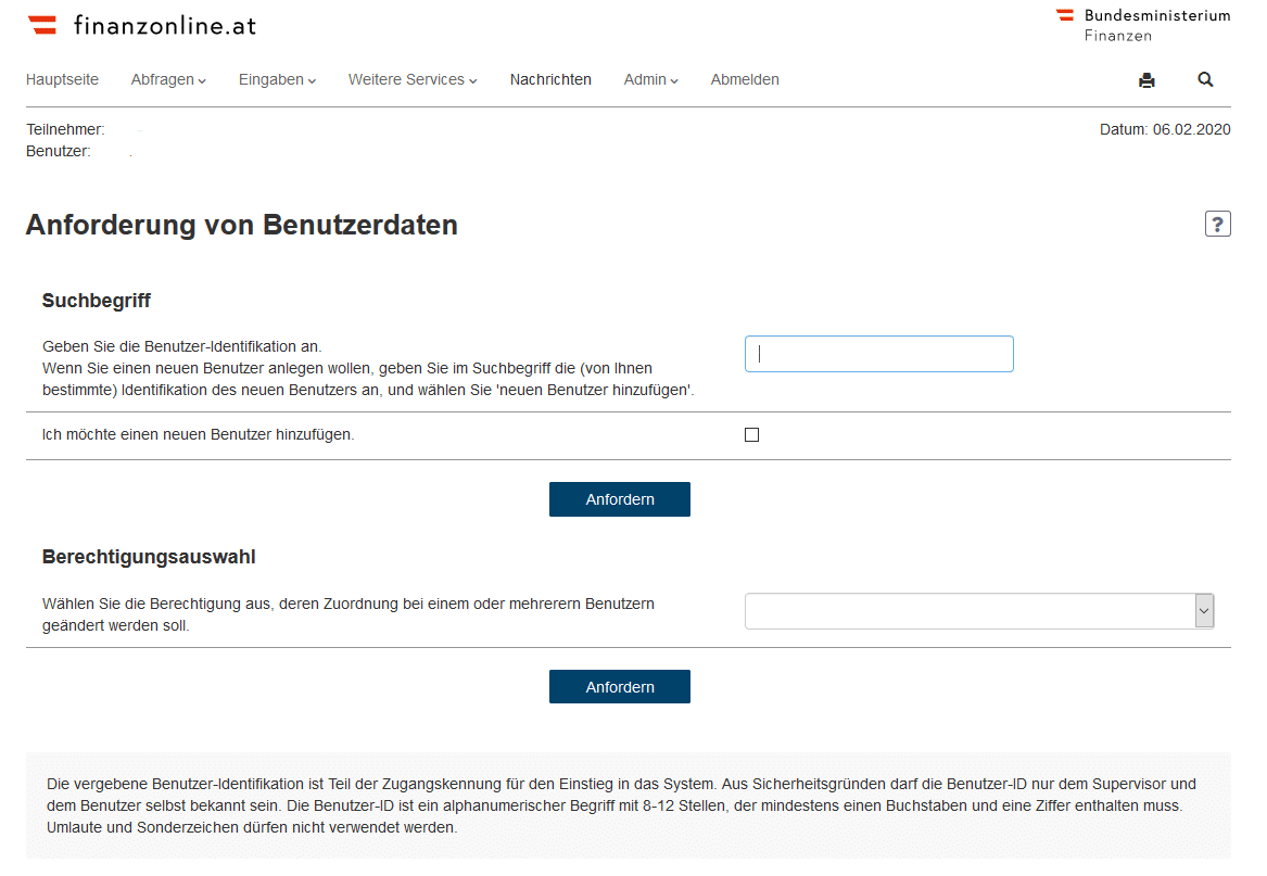 Anforderung von Benutzerdaten in FinanzOnline