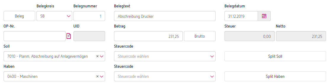 Erfassung der Abschreibung in ProSaldo.net