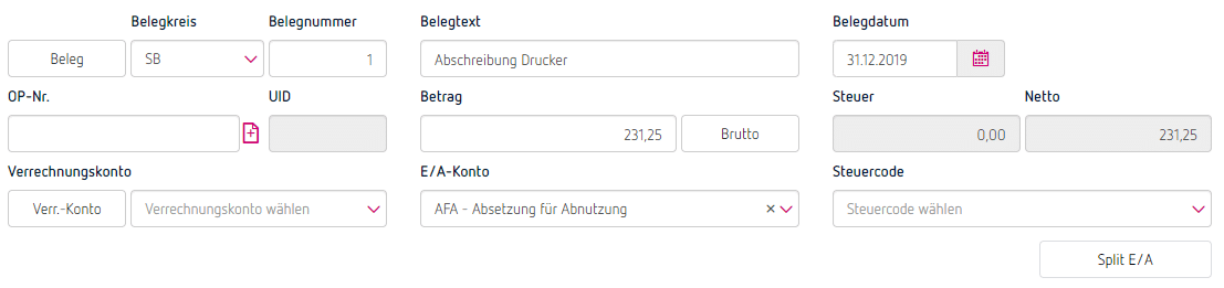 Erfassung der Abschreibung in ProSaldo.net